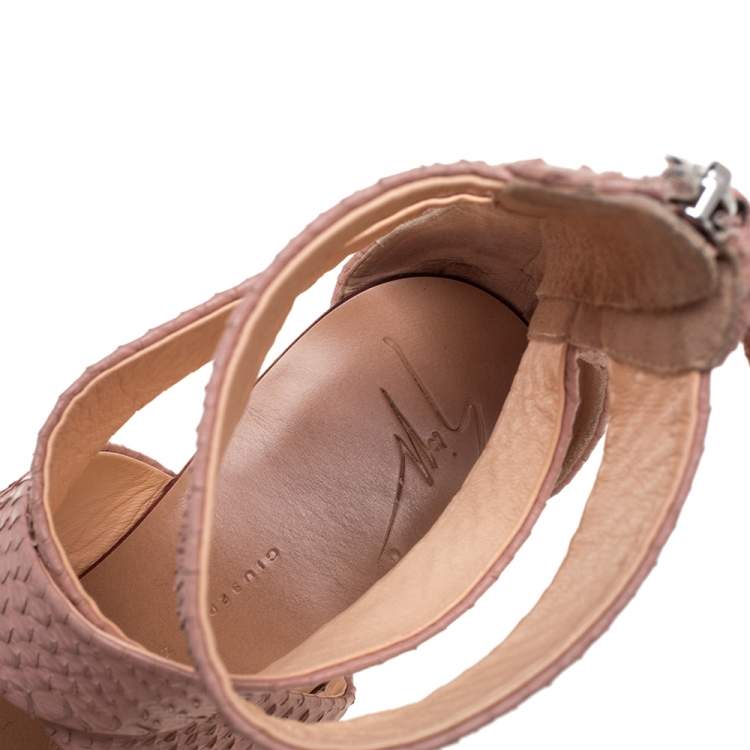 Pre Owned Giuseppe Zanotti Pink Python Embossed Leather Criss Cross Ankle Cuff Sandals Size 36.5