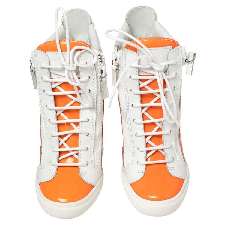 Pre Owned  Giuseppe Zanotti  White/Neon Orange  Patent And Leather High Top Wedge Sneakers Size 37.5