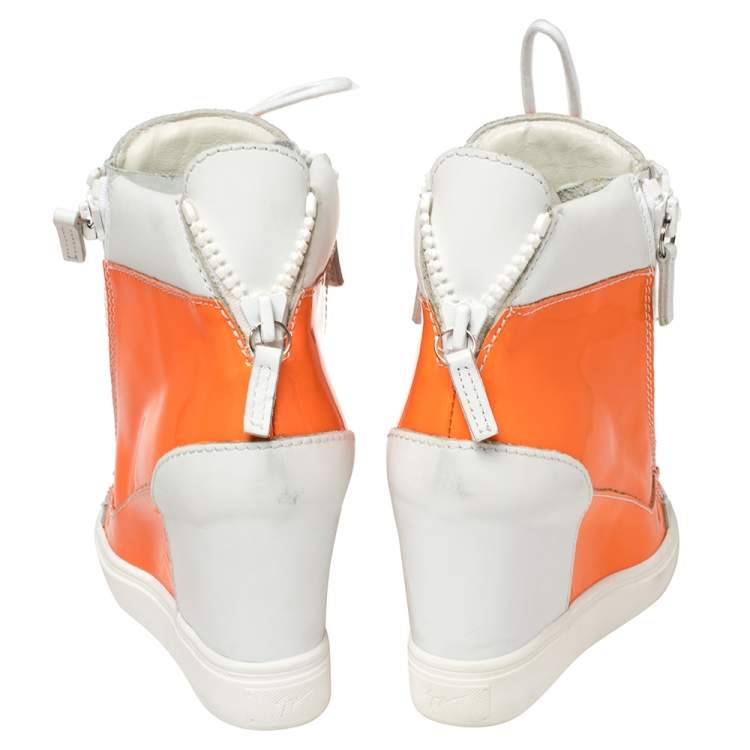 Pre Owned  Giuseppe Zanotti  White/Neon Orange  Patent And Leather High Top Wedge Sneakers Size 37.5