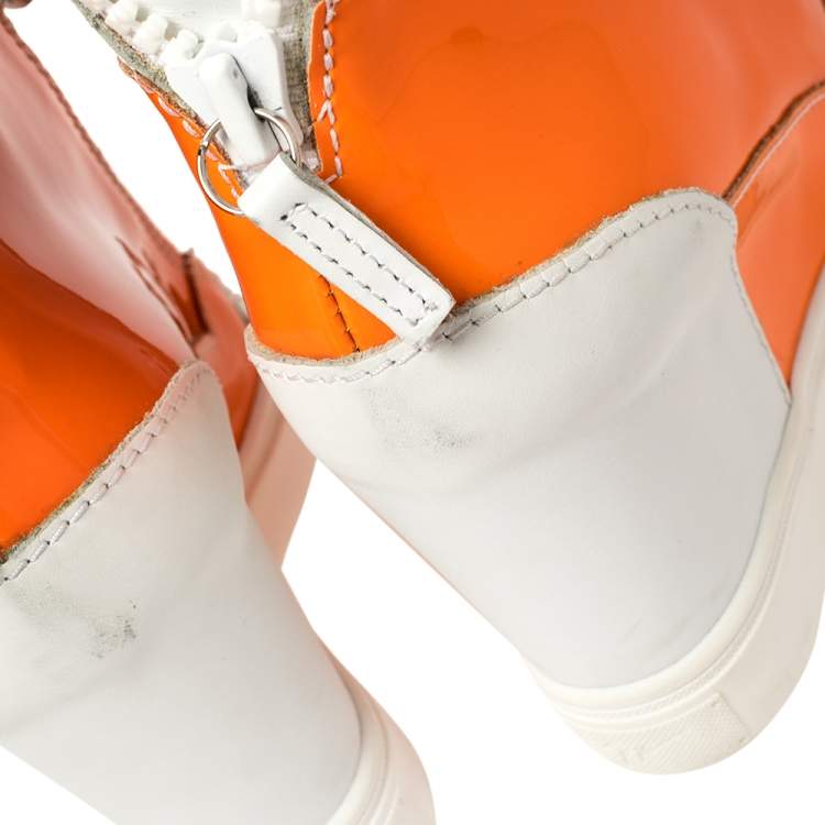 Pre Owned  Giuseppe Zanotti  White/Neon Orange  Patent And Leather High Top Wedge Sneakers Size 37.5