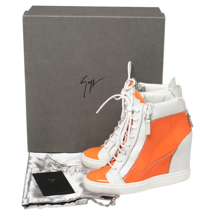Pre Owned  Giuseppe Zanotti  White/Neon Orange  Patent And Leather High Top Wedge Sneakers Size 37.5