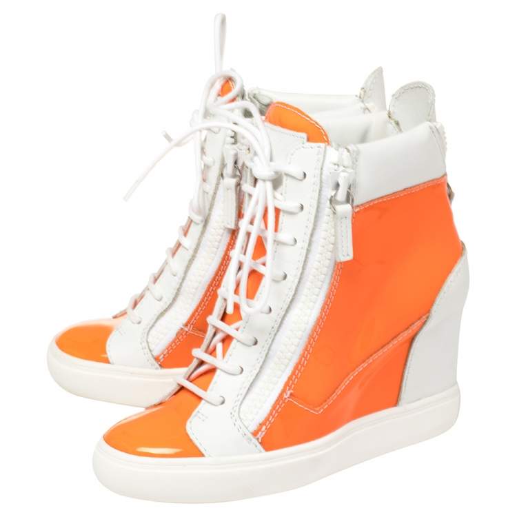 Pre Owned  Giuseppe Zanotti  White/Neon Orange  Patent And Leather High Top Wedge Sneakers Size 37.5