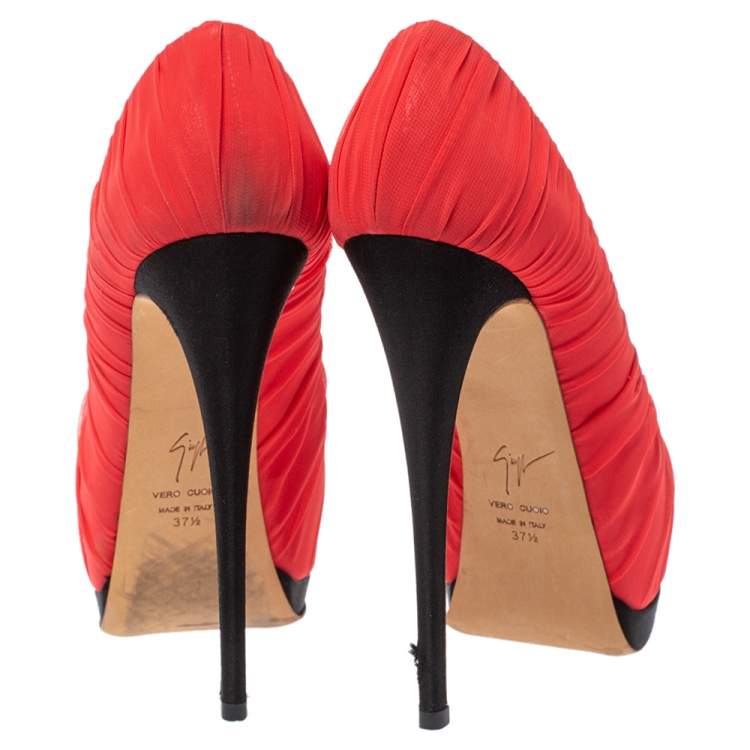 Pre Owned Giuseppe Zanotti Red Ruched Silk Peep Toe Platform Pumps Size 37.5