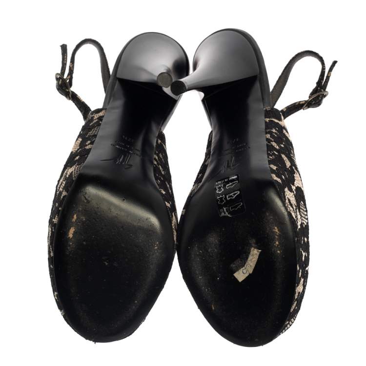 Pre Owned Giuseppe Zanotti Black Lace Peep Toe Slingback Sandals Size 37.5