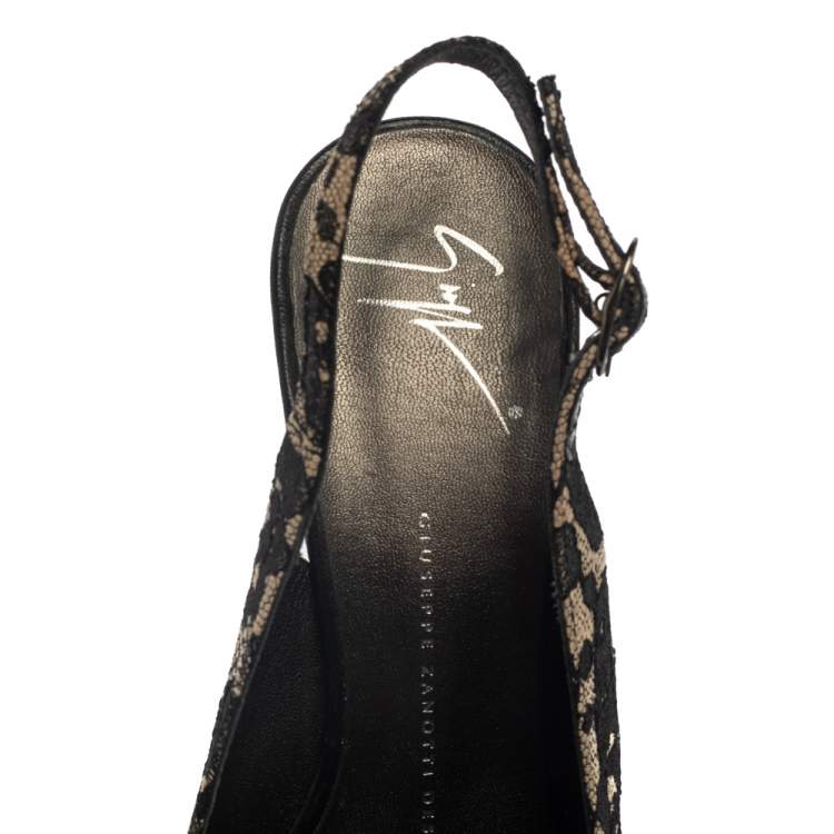 Pre Owned Giuseppe Zanotti Black Lace Peep Toe Slingback Sandals Size 37.5