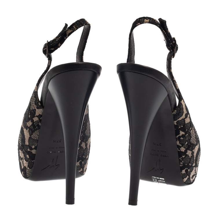 Pre Owned Giuseppe Zanotti Black Lace Peep Toe Slingback Sandals Size 37.5