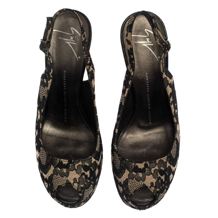 Pre Owned Giuseppe Zanotti Black Lace Peep Toe Slingback Sandals Size 37.5