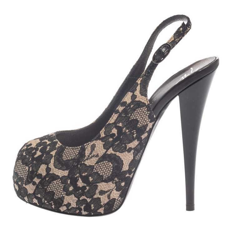 Pre Owned Giuseppe Zanotti Black Lace Peep Toe Slingback Sandals Size 37.5