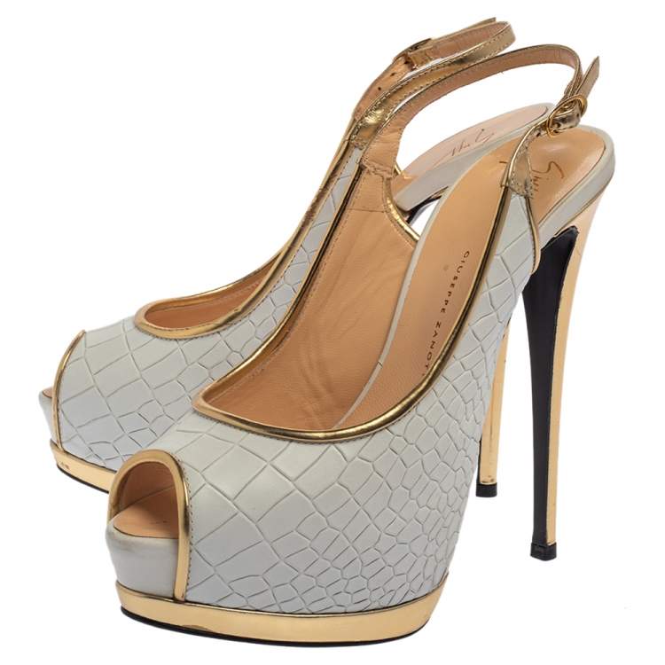 Pre Owned Giuseppe Zanotti White/Gold Croc Embossed Leather Peep Toe Platform Slingback Sandals Size 39