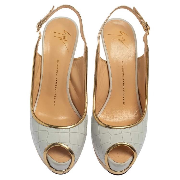 Pre Owned Giuseppe Zanotti White/Gold Croc Embossed Leather Peep Toe Platform Slingback Sandals Size 39