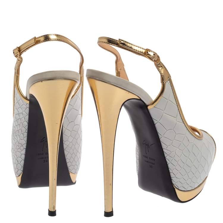 Pre Owned Giuseppe Zanotti White/Gold Croc Embossed Leather Peep Toe Platform Slingback Sandals Size 39