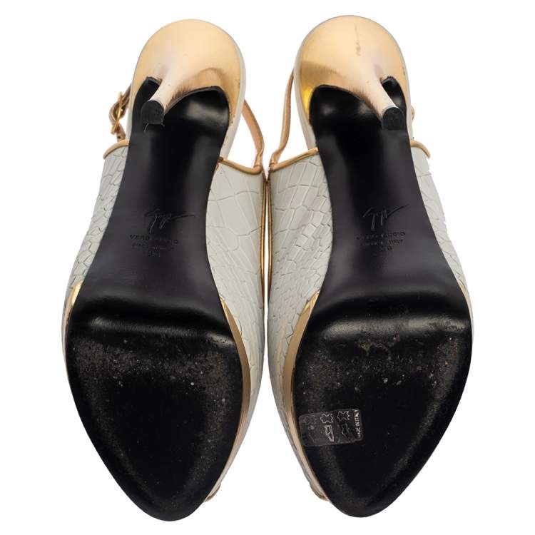 Pre Owned Giuseppe Zanotti White/Gold Croc Embossed Leather Peep Toe Platform Slingback Sandals Size 39