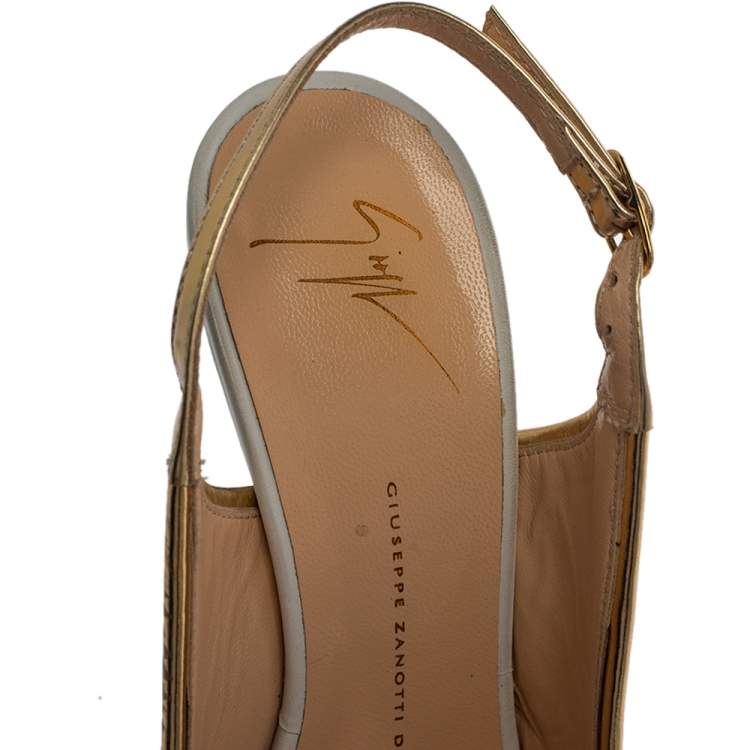 Pre Owned Giuseppe Zanotti White/Gold Croc Embossed Leather Peep Toe Platform Slingback Sandals Size 39