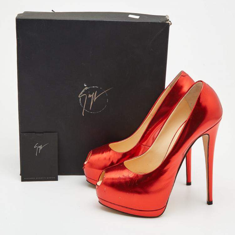 Pre Owned  Giuseppe Zanotti Red Mirror Leather Sharon Peep Toe Platform Pumps Size 39