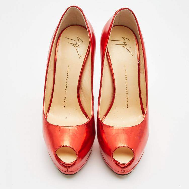 Pre Owned  Giuseppe Zanotti Red Mirror Leather Sharon Peep Toe Platform Pumps Size 39