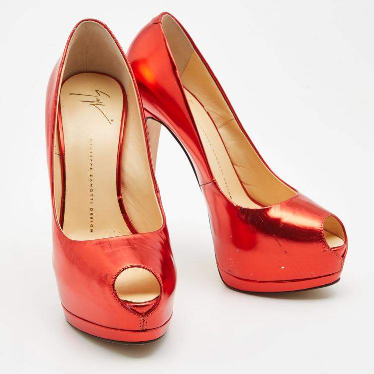 Pre Owned  Giuseppe Zanotti Red Mirror Leather Sharon Peep Toe Platform Pumps Size 39