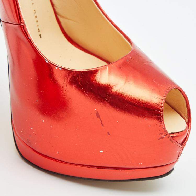 Pre Owned  Giuseppe Zanotti Red Mirror Leather Sharon Peep Toe Platform Pumps Size 39
