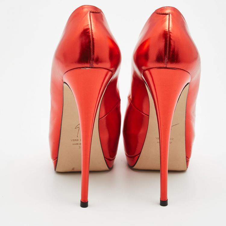 Pre Owned  Giuseppe Zanotti Red Mirror Leather Sharon Peep Toe Platform Pumps Size 39