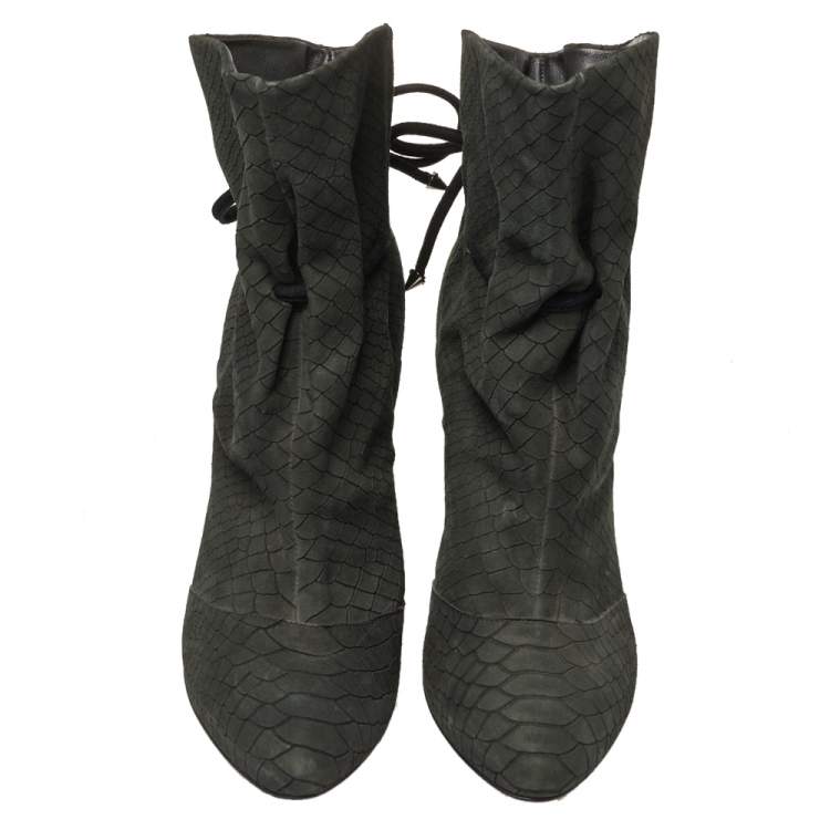 Pre Owned Giuseppe Zanotti Grey Embossed Python Nubuck Leather Ankle Booties Size 41