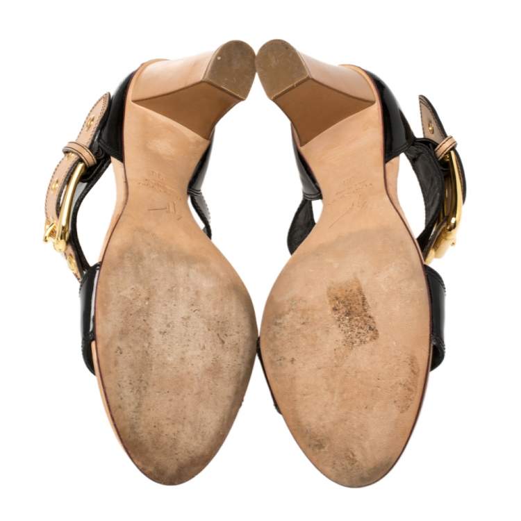 Pre Owned Giuseppe Zanotti Black/ Beige Patent Leather T Strap Ankle Strap Sandals Size 38