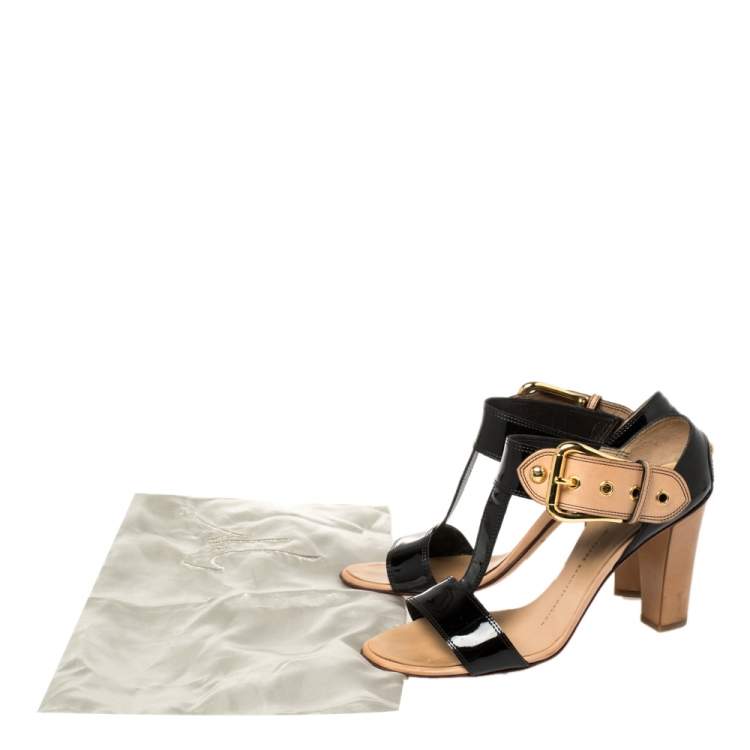 Pre Owned Giuseppe Zanotti Black/ Beige Patent Leather T Strap Ankle Strap Sandals Size 38