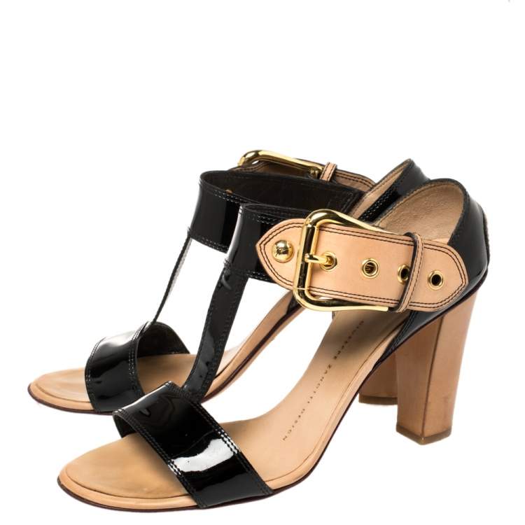 Pre Owned Giuseppe Zanotti Black/ Beige Patent Leather T Strap Ankle Strap Sandals Size 38