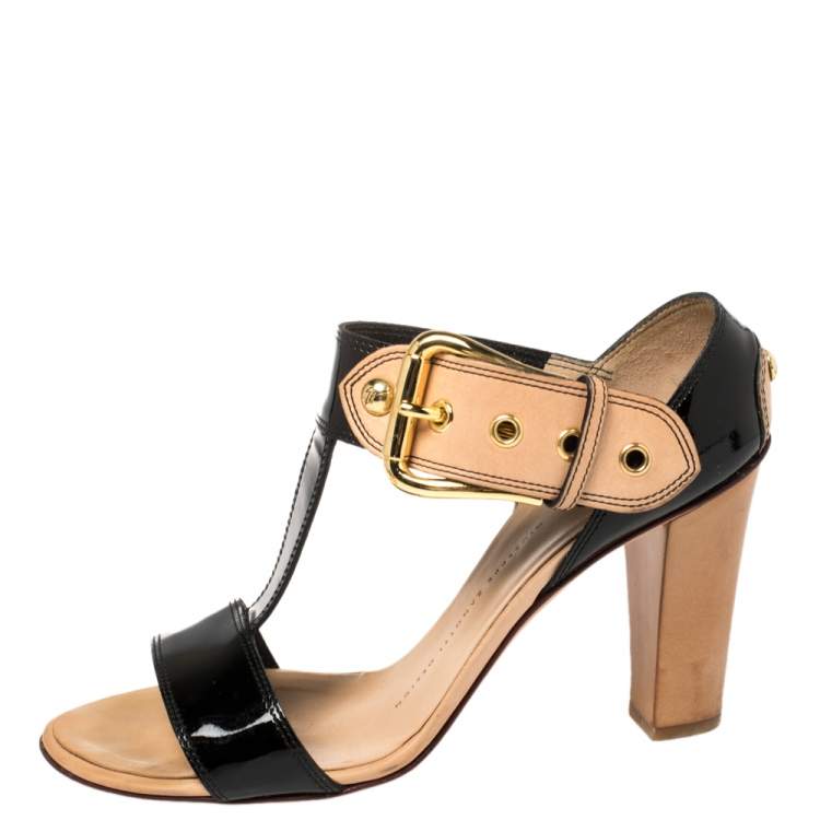 Pre Owned Giuseppe Zanotti Black/ Beige Patent Leather T Strap Ankle Strap Sandals Size 38