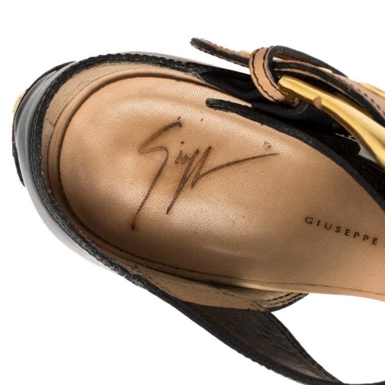 Pre Owned Giuseppe Zanotti Black/ Beige Patent Leather T Strap Ankle Strap Sandals Size 38