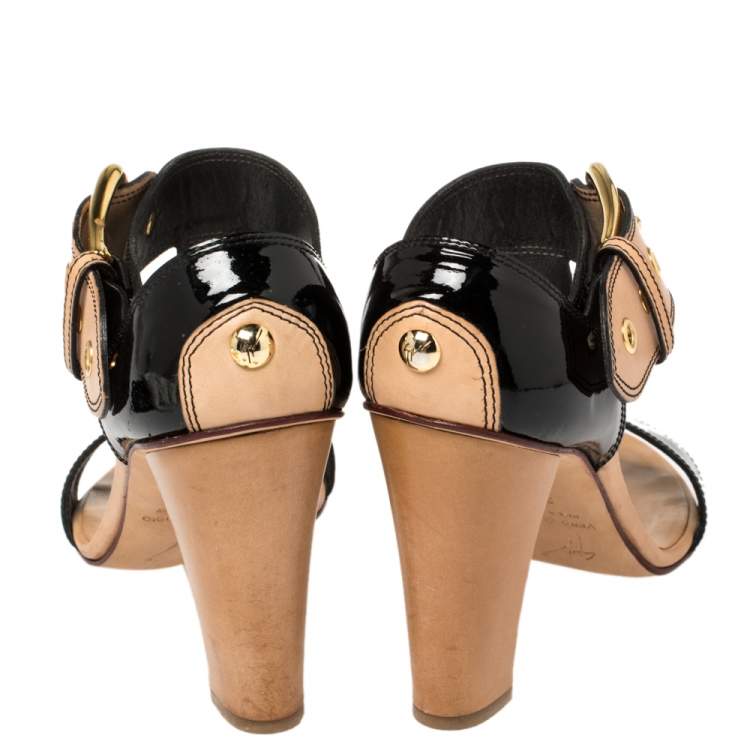 Pre Owned Giuseppe Zanotti Black/ Beige Patent Leather T Strap Ankle Strap Sandals Size 38