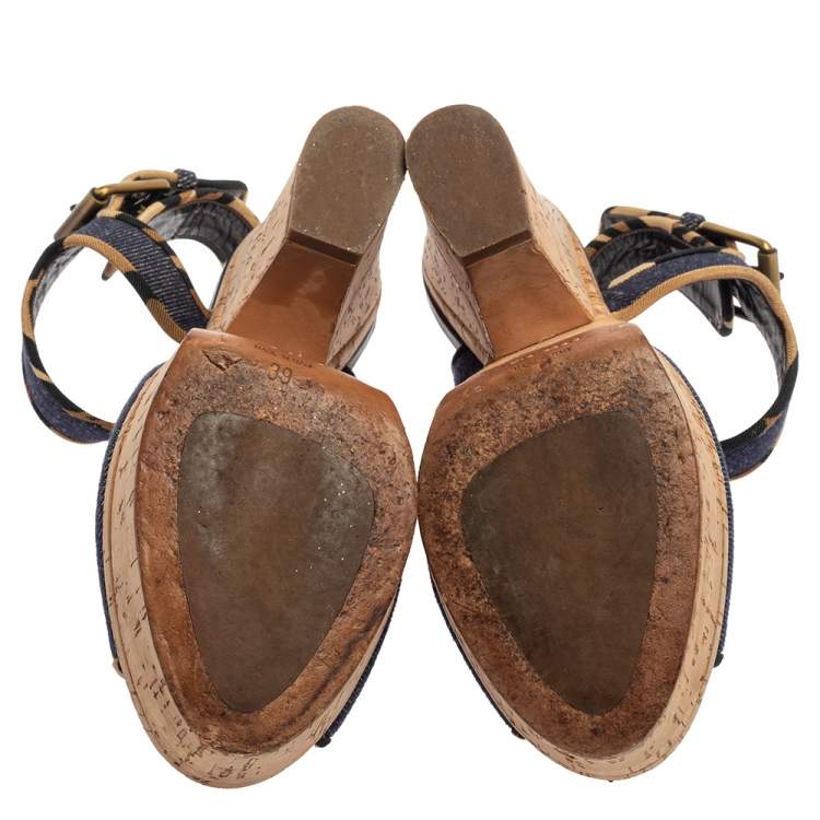 Pre Owned Giuseppe Zanotti Dark Wash Denim Cork Heel Platform Wedge Sandals Size 39