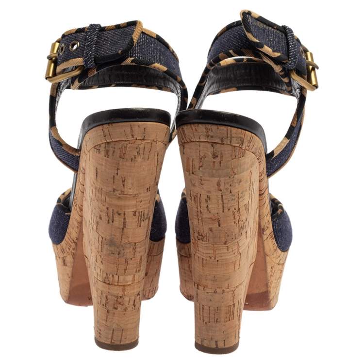 Pre Owned Giuseppe Zanotti Dark Wash Denim Cork Heel Platform Wedge Sandals Size 39