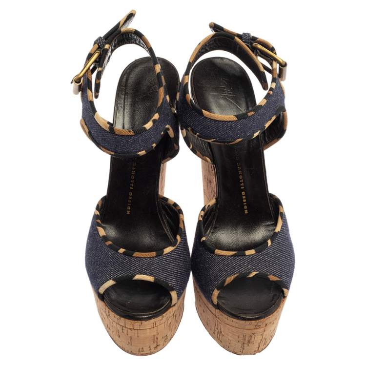 Pre Owned Giuseppe Zanotti Dark Wash Denim Cork Heel Platform Wedge Sandals Size 39