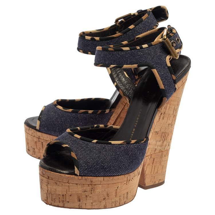 Pre Owned Giuseppe Zanotti Dark Wash Denim Cork Heel Platform Wedge Sandals Size 39
