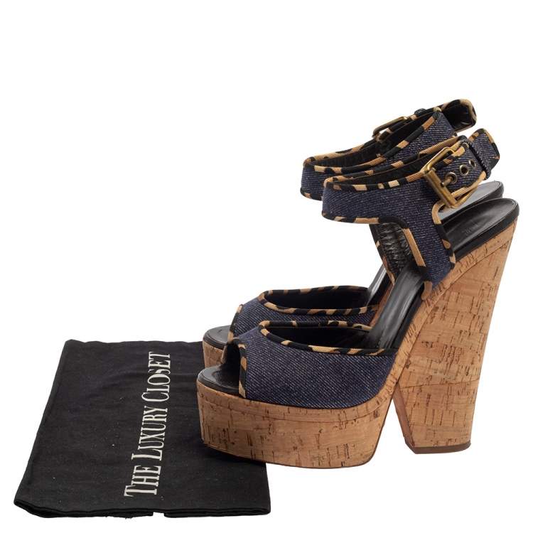 Pre Owned Giuseppe Zanotti Dark Wash Denim Cork Heel Platform Wedge Sandals Size 39