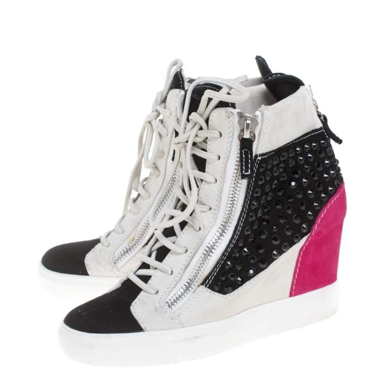 مملوكة مسبقًا Giuseppe Zanotti Multicolor Crystal Embellished Suede Wedge Sneakers Size 37