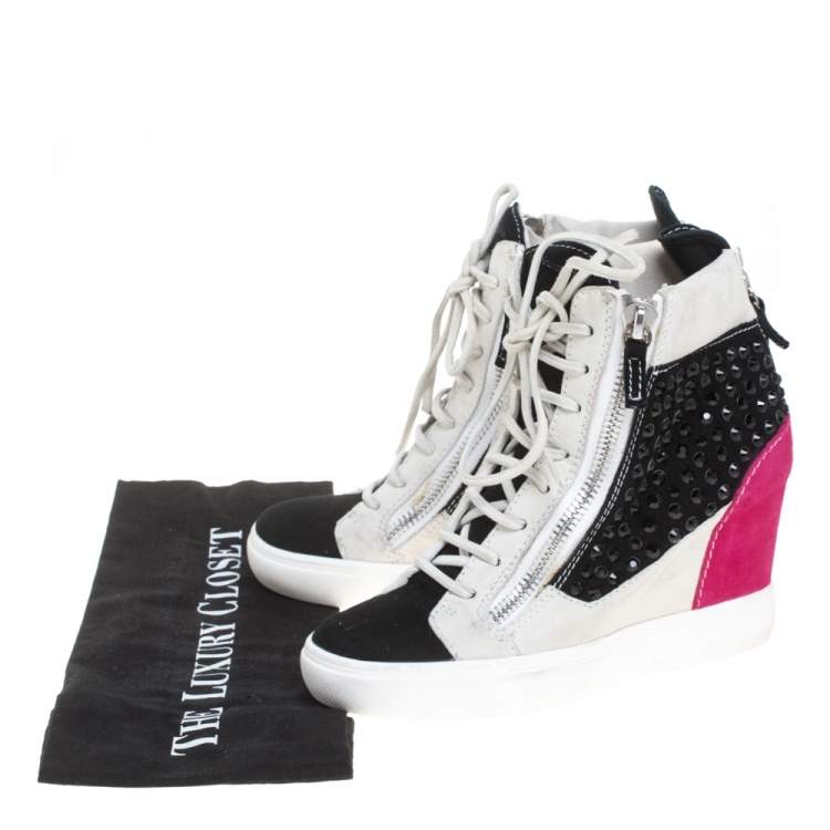مملوكة مسبقًا Giuseppe Zanotti Multicolor Crystal Embellished Suede Wedge Sneakers Size 37