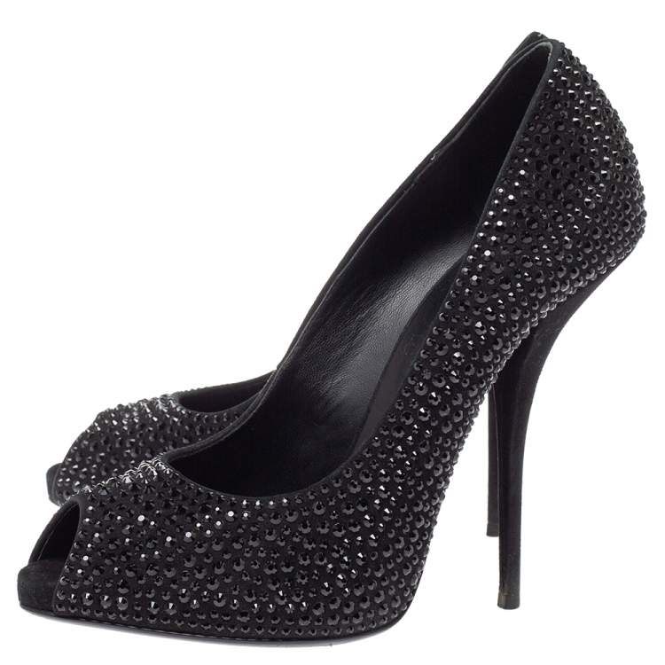 Pre Owned Giuseppe Zanotti Black Suede Nika Crystal Embellished Peep Toe Pumps Size 38