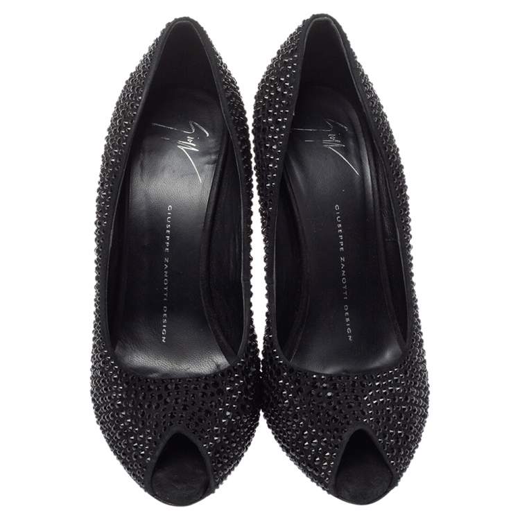 Pre Owned Giuseppe Zanotti Black Suede Nika Crystal Embellished Peep Toe Pumps Size 38