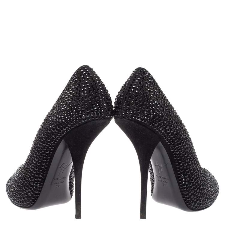 Pre Owned Giuseppe Zanotti Black Suede Nika Crystal Embellished Peep Toe Pumps Size 38