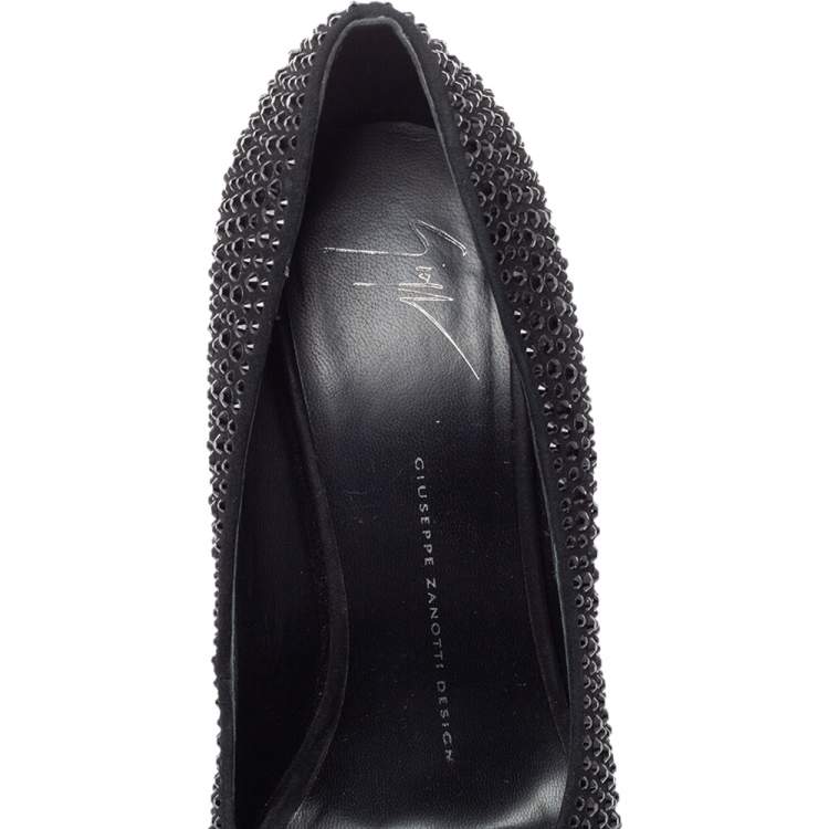 Pre Owned Giuseppe Zanotti Black Suede Nika Crystal Embellished Peep Toe Pumps Size 38