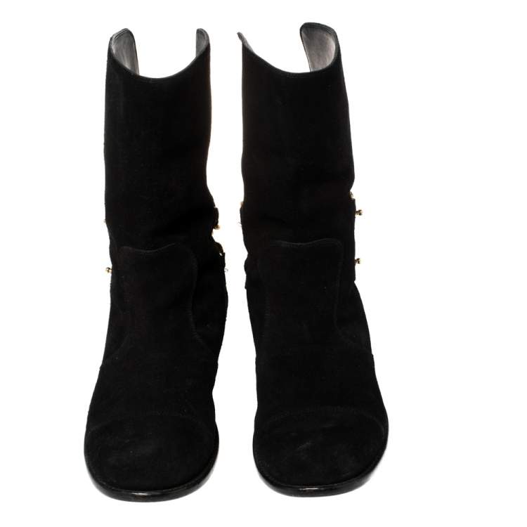 Pre Owned Giuseppe Zanotti Black Suede Gold Chain Link Ankle Length Boots Size 40