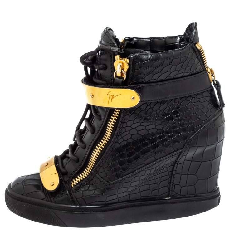 Pre Owned Giuseppe Zanotti Black Croc Embossed Leather Sneakers Size 36.5
