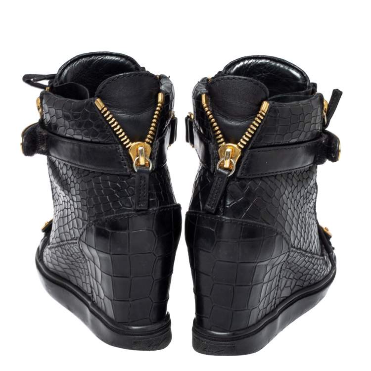 Pre Owned Giuseppe Zanotti Black Croc Embossed Leather Sneakers Size 36.5