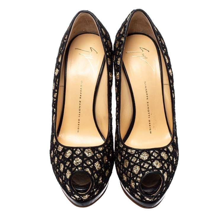 Pre Owned Giuseppe Zanotti Black Sharon Glitter And Lace Liza Peep Toe Platform Pumps Size 38