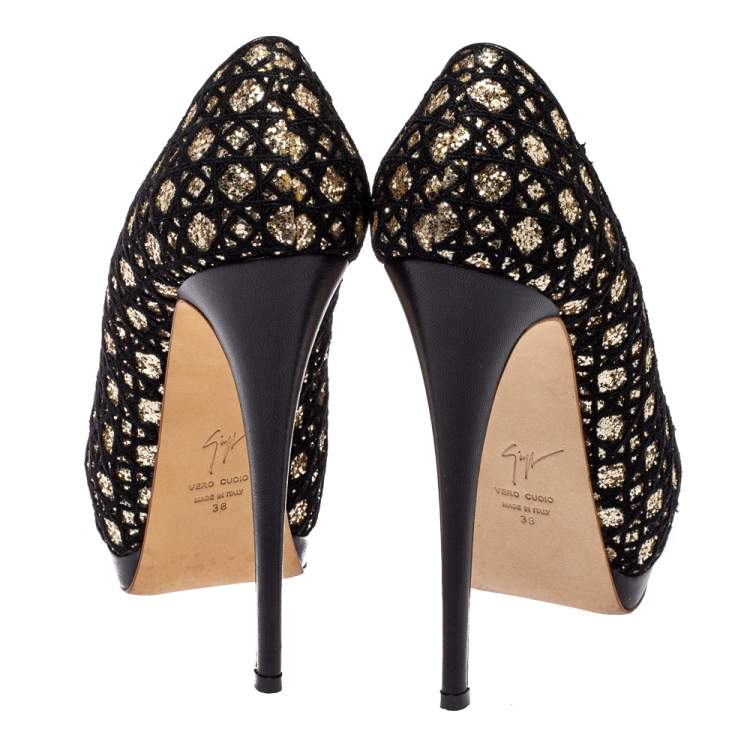 Pre Owned Giuseppe Zanotti Black Sharon Glitter And Lace Liza Peep Toe Platform Pumps Size 38