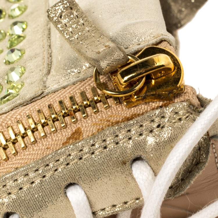 Pre Owned Giuseppe Zanotti Gold/Beige Leather And Suede Crystal Embellished Wedge Sneakers Size 37.5