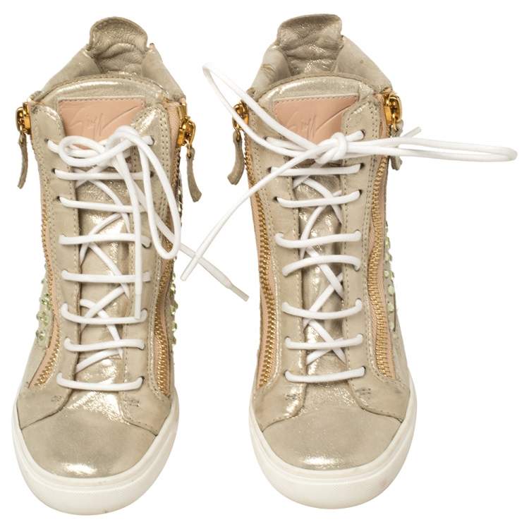 Pre Owned Giuseppe Zanotti Gold/Beige Leather And Suede Crystal Embellished Wedge Sneakers Size 37.5