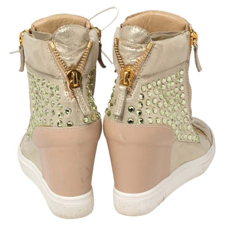 Pre Owned Giuseppe Zanotti Gold/Beige Leather And Suede Crystal Embellished Wedge Sneakers Size 37.5