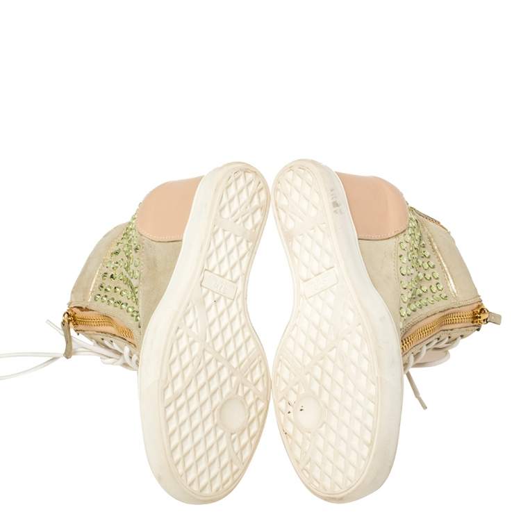 Pre Owned Giuseppe Zanotti Gold/Beige Leather And Suede Crystal Embellished Wedge Sneakers Size 37.5