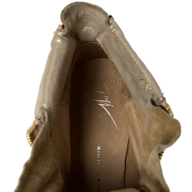 Pre Owned Giuseppe Zanotti Gold/Beige Leather And Suede Crystal Embellished Wedge Sneakers Size 37.5